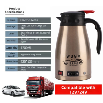 Autóba szerelt elektromos vízforraló, nagy kapacitású, duplafalú 304 rozsdamentes acélból, 12V/24V, hordozható forróvíz-forraló, teához és kávéhoz