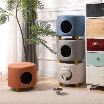 Φωλιά γάτας και κλειστή κατοικία με ενσωματωμένο σκαμνάκι – ξύλινο