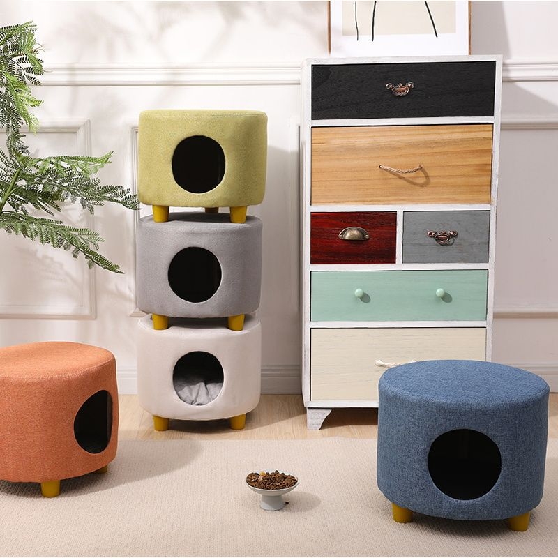 Φωλιά γάτας και κλειστή κατοικία με ενσωματωμένο σκαμνάκι – ξύλινο