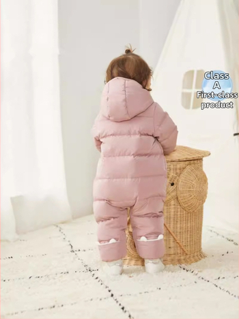 Detský overal s kačím perím – hrubý, s kapucňou, voľný strih, pre deti 1–3 roky