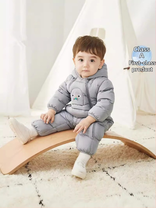 Detský overal s kačím perím – hrubý, s kapucňou, voľný strih, pre deti 1–3 roky