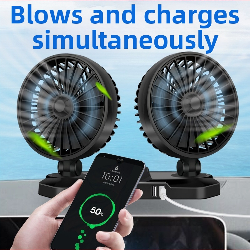 Automobilski ventilator s dvostrukim USB punjenjem, 12V/24V, za kamione, dvostruke rotirajuće glave