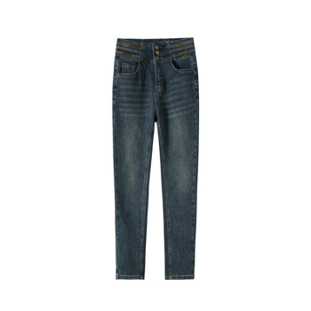 Ženske farmerice s flis podstavom, debeli, visoki struk, uski kroj, pamuk-elastan denim