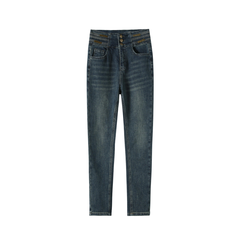Ženske farmerice s flis podstavom, debeli, visoki struk, uski kroj, pamuk-elastan denim