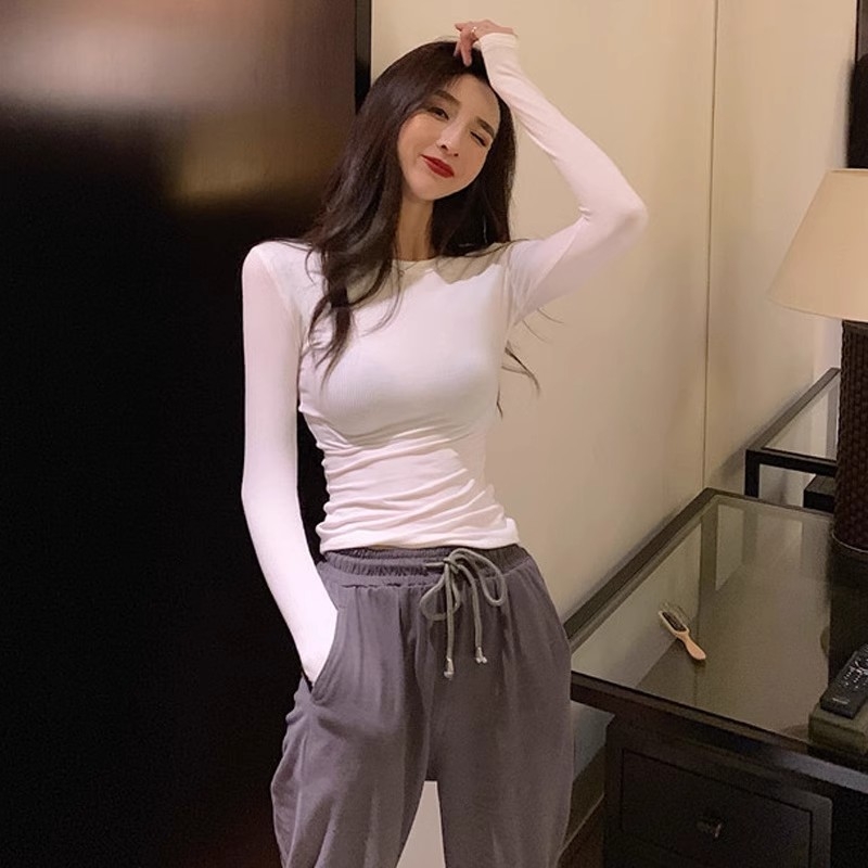 Ženska majica s dugim rukavima, slim fit, okrugli izrez, jednobojna, Modal-Spandex materijal
