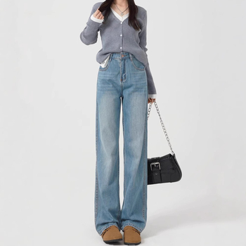 Ženske široke traperice, visok pojas, straight kroj, denim, 80–90% pamuk