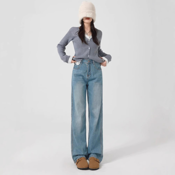 Ženske široke traperice, visok pojas, straight kroj, denim, 80–90% pamuk