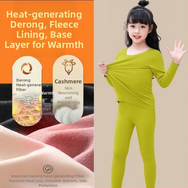 Set termic pentru copii cu velur Derong, catifea dublu fațată, pijamale autoîncălzite, 95% poliester, pentru copii peste 8 ani