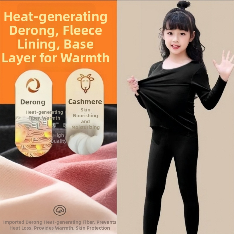 Set termic pentru copii cu velur Derong, catifea dublu fațată, pijamale autoîncălzite, 95% poliester, pentru copii peste 8 ani