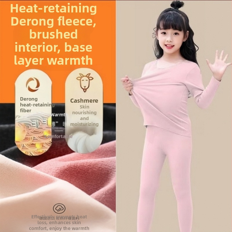 Set termic pentru copii cu velur Derong, catifea dublu fațată, pijamale autoîncălzite, 95% poliester, pentru copii peste 8 ani