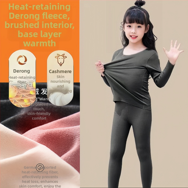 Set termic pentru copii cu velur Derong, catifea dublu fațată, pijamale autoîncălzite, 95% poliester, pentru copii peste 8 ani