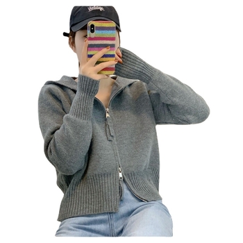 Ženski pleteni kardigan s kapuljom, opuštenog kroja, zatvarač, kratka duljina, 3D uzorak