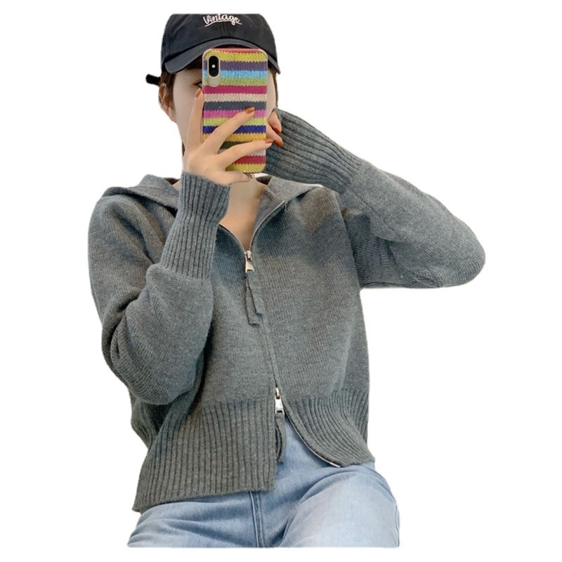 Ženski pleteni kardigan s kapuljom, opuštenog kroja, zatvarač, kratka duljina, 3D uzorak