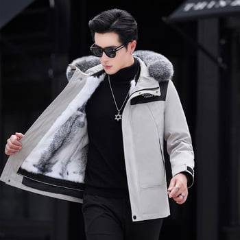 Ανδρικό γούνινο παρκά από γούνα κουνελιού με αποσπώμενο επένδυμα, κουκούλα, κοντό μήκος, εφαρμοστό στυλ