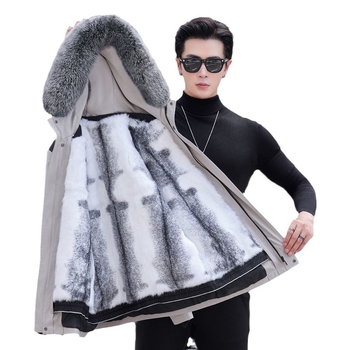 Ανδρικό γούνινο παρκά από γούνα κουνελιού με αποσπώμενο επένδυμα, κουκούλα, κοντό μήκος, εφαρμοστό στυλ