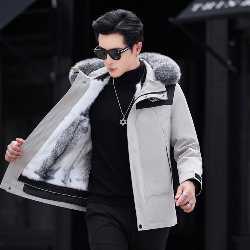 Ανδρικό γούνινο παρκά από γούνα κουνελιού με αποσπώμενο επένδυμα, κουκούλα, κοντό μήκος, εφαρμοστό στυλ
