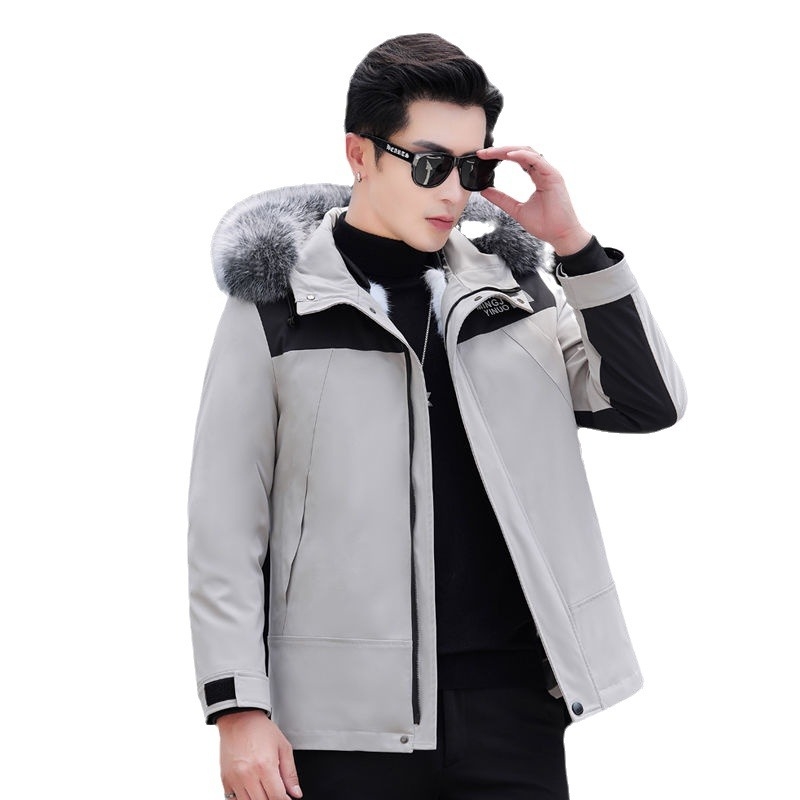 Ανδρικό γούνινο παρκά από γούνα κουνελιού με αποσπώμενο επένδυμα, κουκούλα, κοντό μήκος, εφαρμοστό στυλ