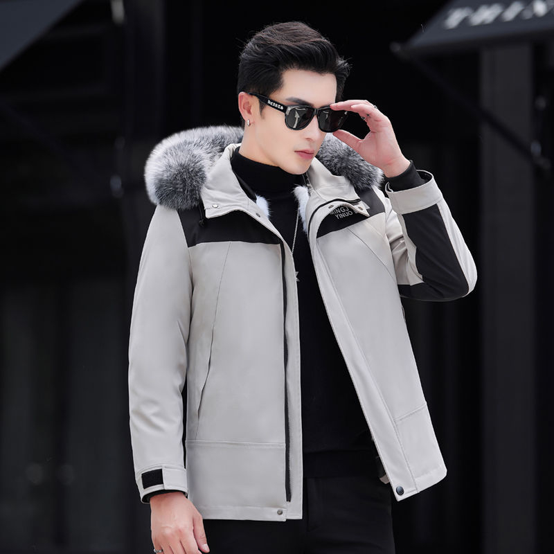 Ανδρικό γούνινο παρκά από γούνα κουνελιού με αποσπώμενο επένδυμα, κουκούλα, κοντό μήκος, εφαρμοστό στυλ