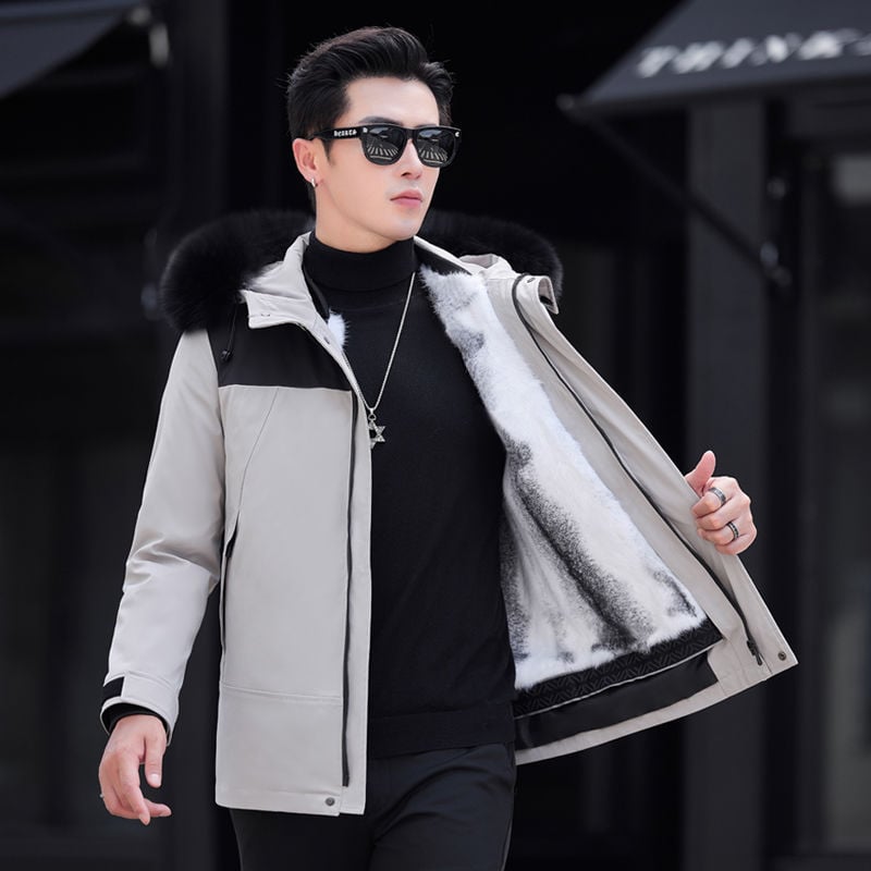 Ανδρικό γούνινο παρκά από γούνα κουνελιού με αποσπώμενο επένδυμα, κουκούλα, κοντό μήκος, εφαρμοστό στυλ