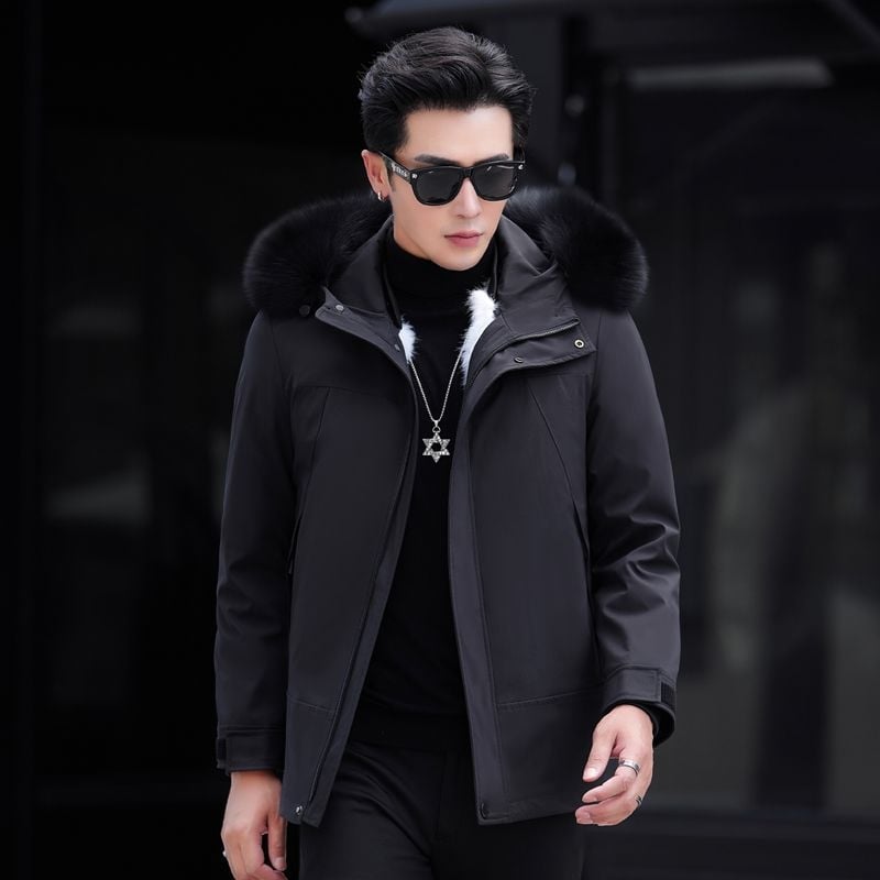 Ανδρικό γούνινο παρκά από γούνα κουνελιού με αποσπώμενο επένδυμα, κουκούλα, κοντό μήκος, εφαρμοστό στυλ