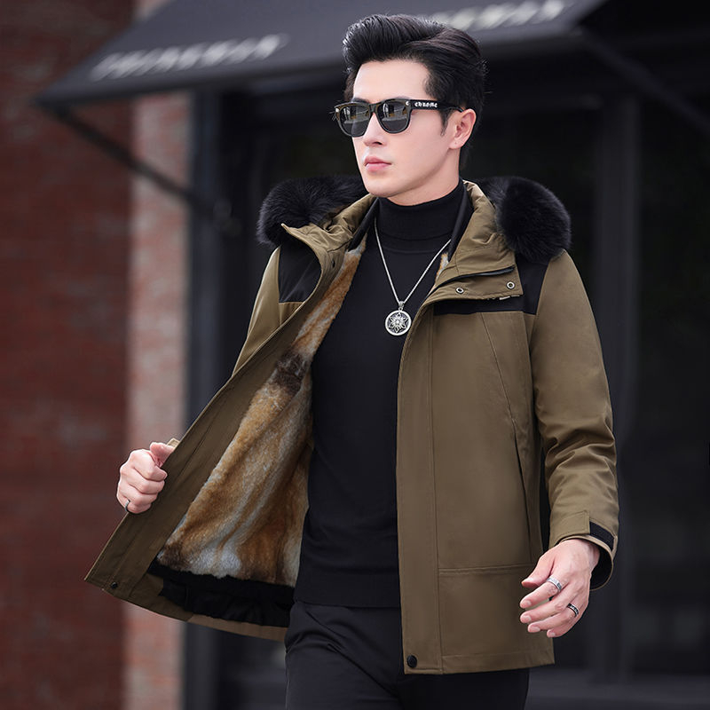 Ανδρικό γούνινο παρκά από γούνα κουνελιού με αποσπώμενο επένδυμα, κουκούλα, κοντό μήκος, εφαρμοστό στυλ