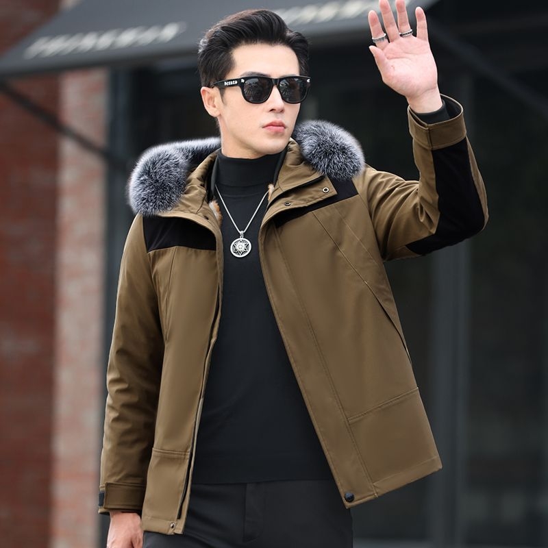 Ανδρικό γούνινο παρκά από γούνα κουνελιού με αποσπώμενο επένδυμα, κουκούλα, κοντό μήκος, εφαρμοστό στυλ