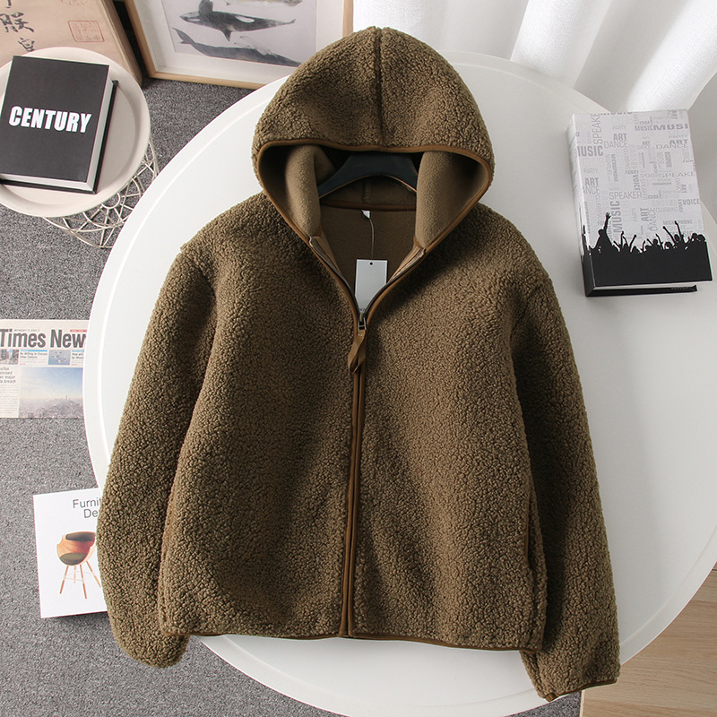 Ženski kapuljačasti kardigan sa zatvaračem - Chenille tkanina, Spandex <30%, polo ovratnik, slobodan kroj