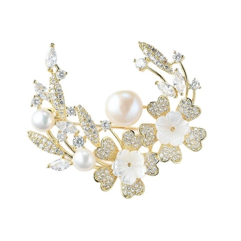 Καρφίτσα σε σχήμα λουλουδιού από χαλκό, επιχρυσωμένες τεχνητές πέτρες και μαργαριτάρι σε επένδυση, κατάλληλη για άνδρες και γυναίκες, απλό στυλ