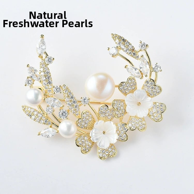 Καρφίτσα σε σχήμα λουλουδιού από χαλκό, επιχρυσωμένες τεχνητές πέτρες και μαργαριτάρι σε επένδυση, κατάλληλη για άνδρες και γυναίκες, απλό στυλ