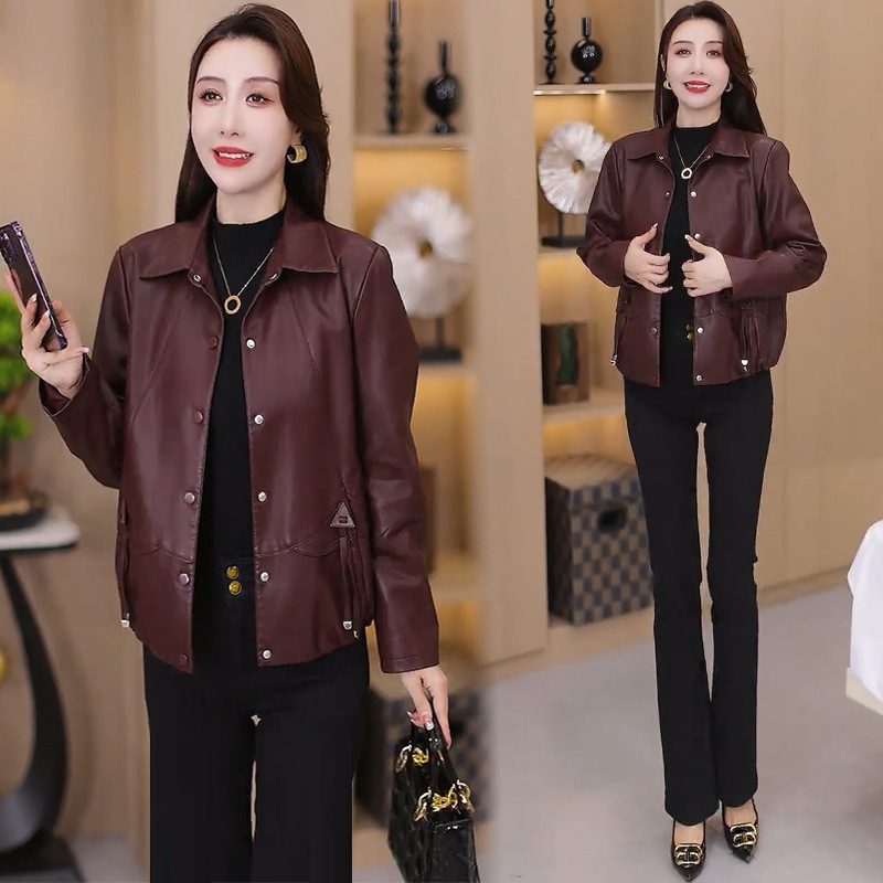Ženska jakna od umjetne kože PU, Slim Fit, Turn-down Collar, Zip, Dugi rukav, Jesen 2025