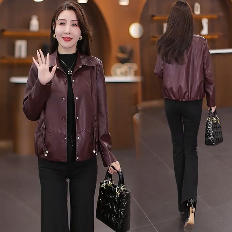 Ženska jakna od umjetne kože PU, Slim Fit, Turn-down Collar, Zip, Dugi rukav, Jesen 2025