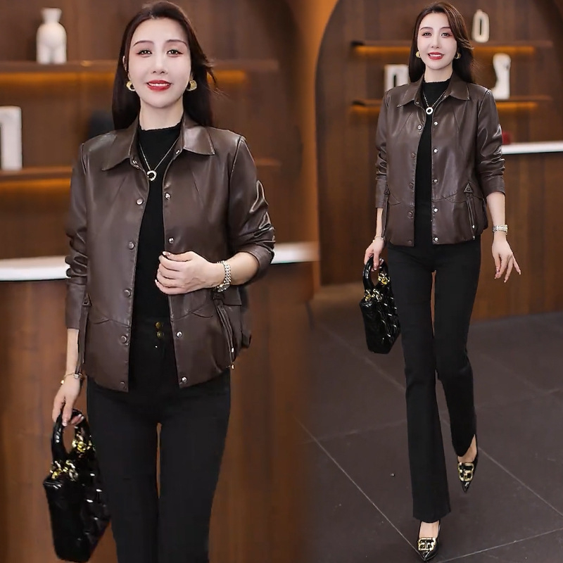 Ženska jakna od umjetne kože PU, Slim Fit, Turn-down Collar, Zip, Dugi rukav, Jesen 2025