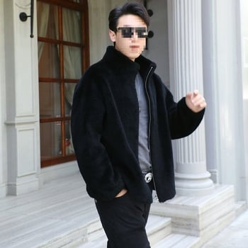 Ανδρικό παλτό γούνας προβάτου – casual, μεσαίου μήκους, στάντ γιακά, φερμουάρ, άνετη γραμμή, φυσική γούνα