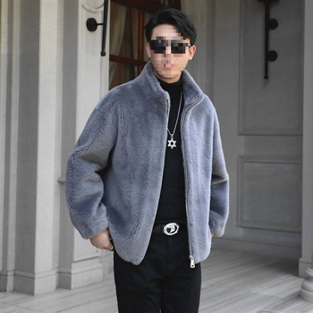 Ανδρικό παλτό γούνας προβάτου – casual, μεσαίου μήκους, στάντ γιακά, φερμουάρ, άνετη γραμμή, φυσική γούνα