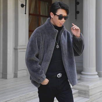 Ανδρικό παλτό γούνας προβάτου – casual, μεσαίου μήκους, στάντ γιακά, φερμουάρ, άνετη γραμμή, φυσική γούνα