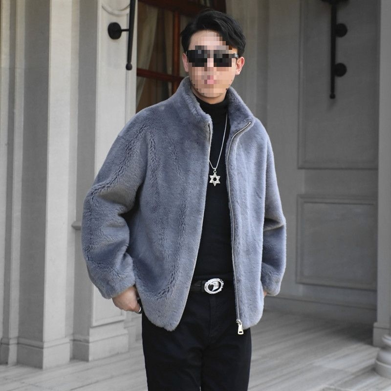 Ανδρικό παλτό γούνας προβάτου – casual, μεσαίου μήκους, στάντ γιακά, φερμουάρ, άνετη γραμμή, φυσική γούνα