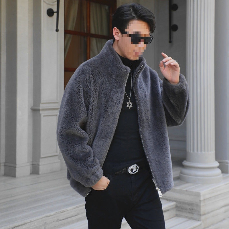 Ανδρικό παλτό γούνας προβάτου – casual, μεσαίου μήκους, στάντ γιακά, φερμουάρ, άνετη γραμμή, φυσική γούνα