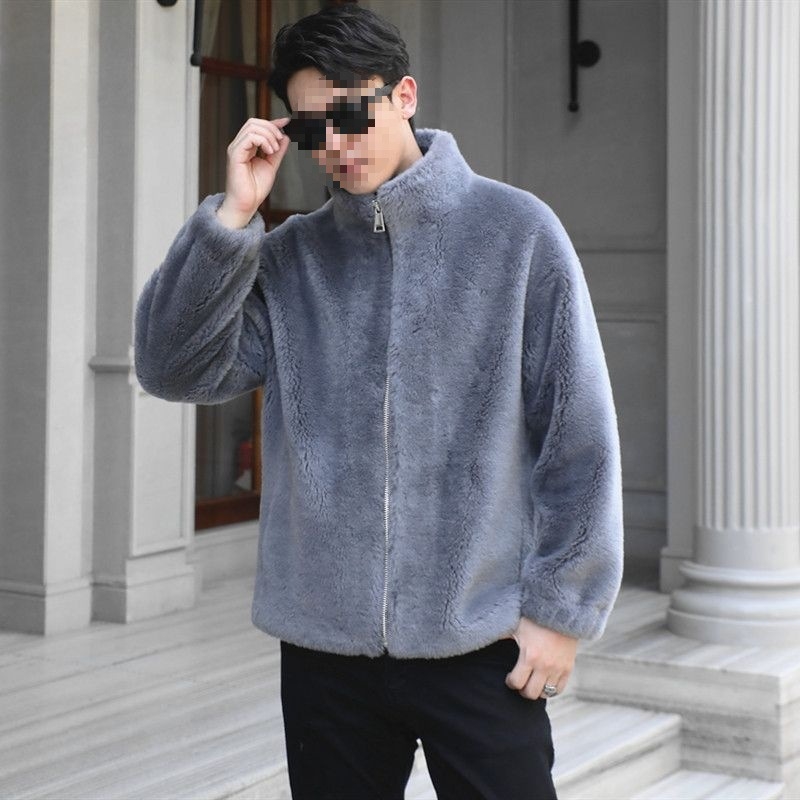 Ανδρικό παλτό γούνας προβάτου – casual, μεσαίου μήκους, στάντ γιακά, φερμουάρ, άνετη γραμμή, φυσική γούνα