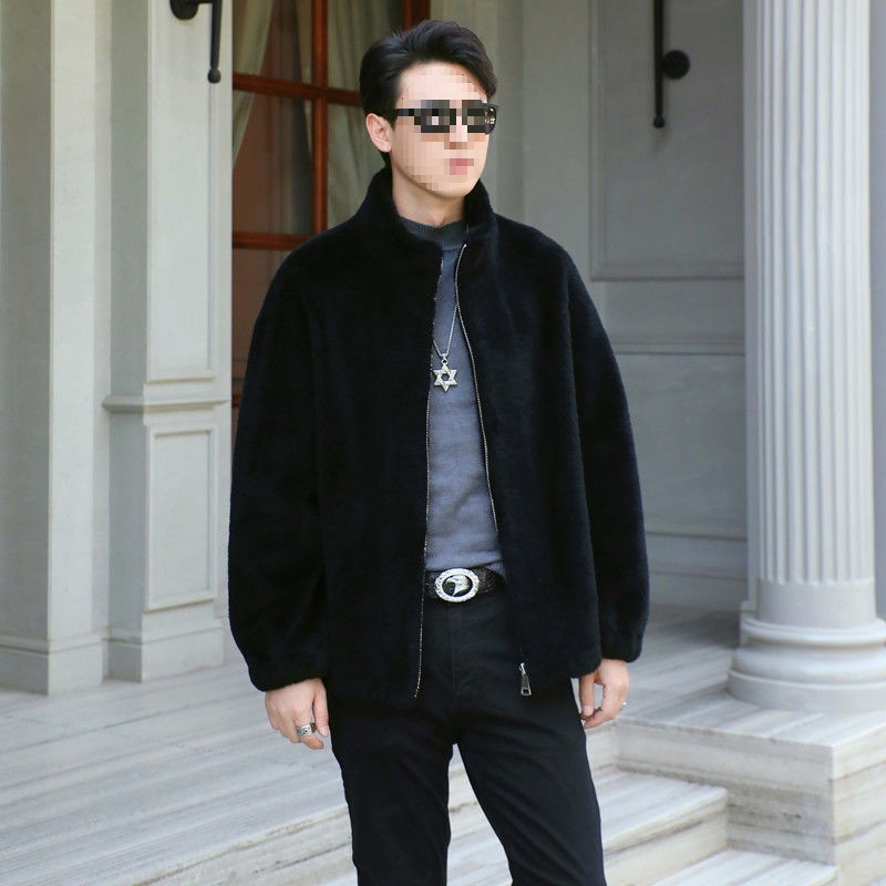 Ανδρικό παλτό γούνας προβάτου – casual, μεσαίου μήκους, στάντ γιακά, φερμουάρ, άνετη γραμμή, φυσική γούνα