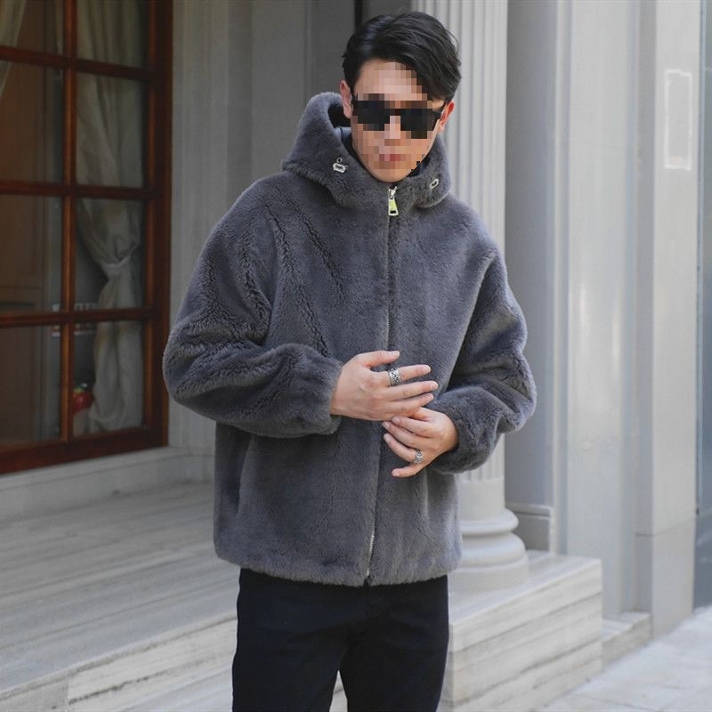 Ανδρικό παλτό γούνας προβάτου – casual, μεσαίου μήκους, στάντ γιακά, φερμουάρ, άνετη γραμμή, φυσική γούνα