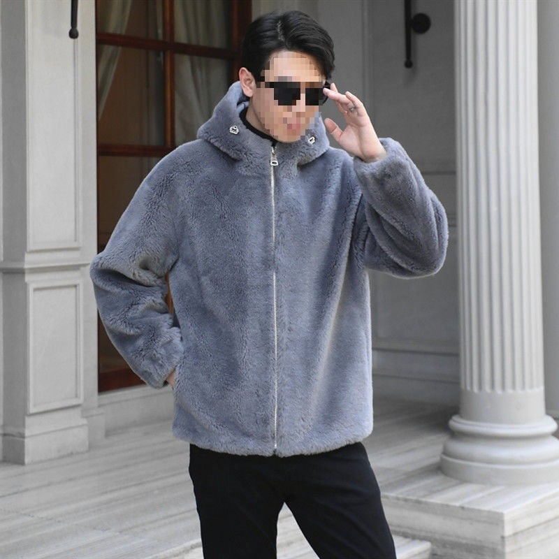 Ανδρικό παλτό γούνας προβάτου – casual, μεσαίου μήκους, στάντ γιακά, φερμουάρ, άνετη γραμμή, φυσική γούνα