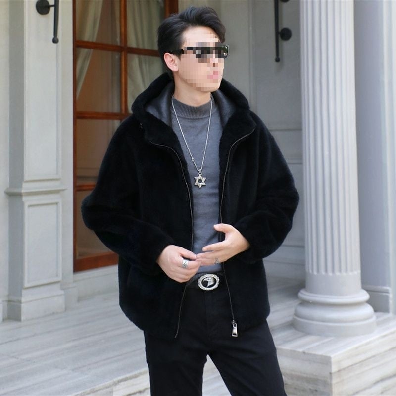 Ανδρικό παλτό γούνας προβάτου – casual, μεσαίου μήκους, στάντ γιακά, φερμουάρ, άνετη γραμμή, φυσική γούνα