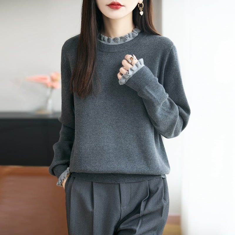 Pleteni džemper s kapuljačom i čipkanim ovratnikom, široki kroj, dugi rukavi, mješavina vune worsted i poliestera