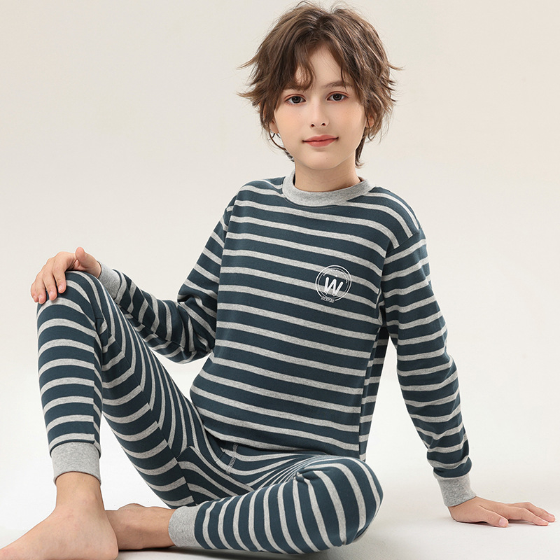 Dječji komplet pidžama od 100% pamuka – gornji dio s okruglim izrezom i hlače, prugasti ili jednobojan uzorak, održava toplinu, proljeće i jesen zima