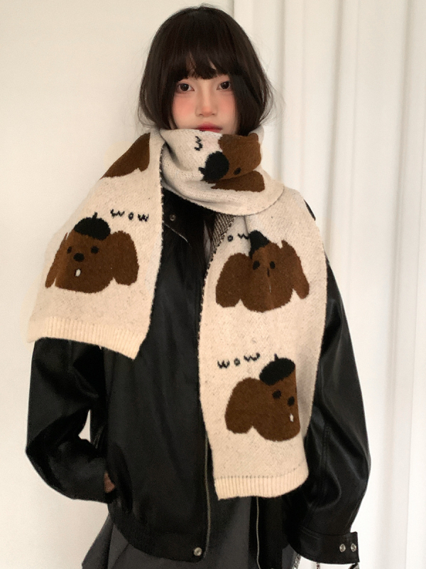 Pleteni šal od vunenog mešavine s motivom slatkog šteneta, warp knitting tehnikom, održava toplinu zimi