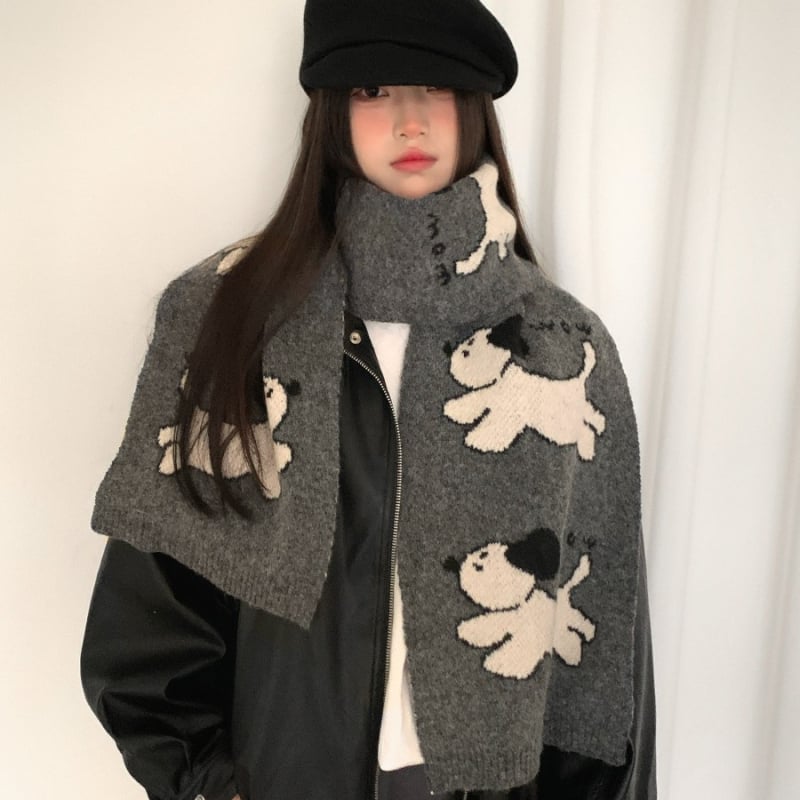 Pleteni šal od vunenog mešavine s motivom slatkog šteneta, warp knitting tehnikom, održava toplinu zimi