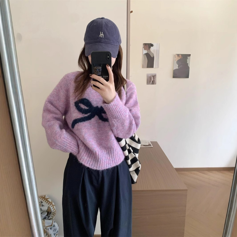 Pulover tricotat pentru femei cu fundă și glugă - guler rotund, mâneci lungi, conținut principal de țesătură 30-50%