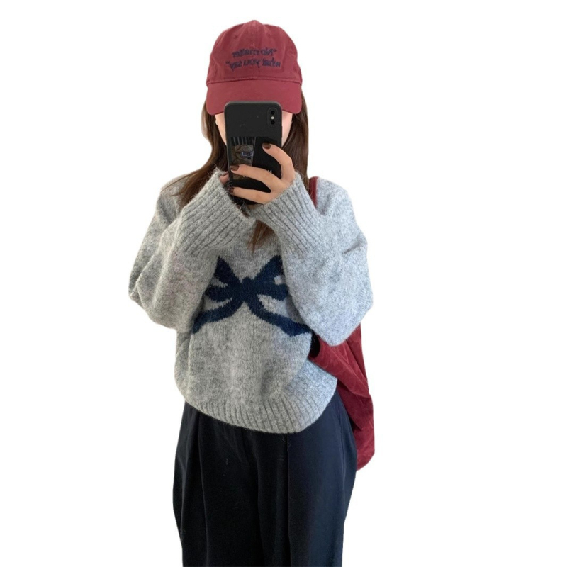 Pulover tricotat pentru femei cu fundă și glugă - guler rotund, mâneci lungi, conținut principal de țesătură 30-50%