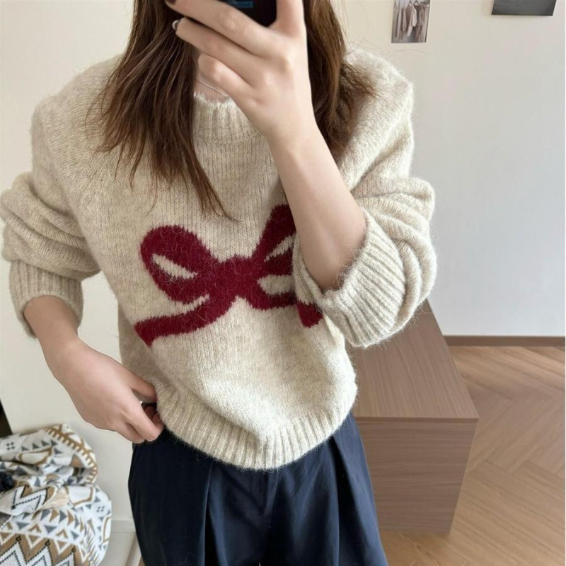 Pulover tricotat pentru femei cu fundă și glugă - guler rotund, mâneci lungi, conținut principal de țesătură 30-50%