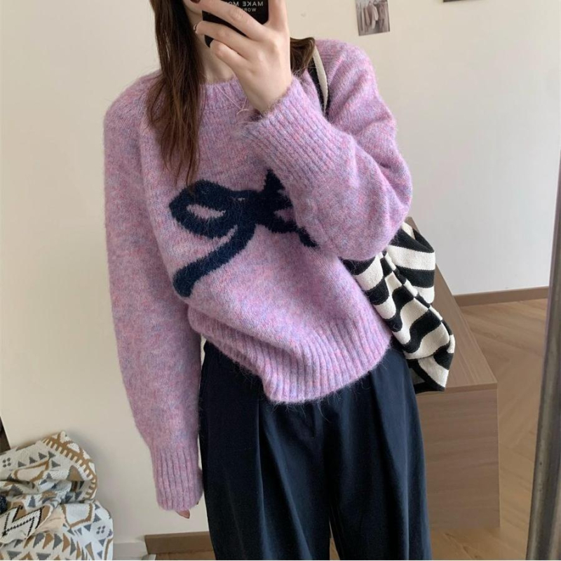 Pulover tricotat pentru femei cu fundă și glugă - guler rotund, mâneci lungi, conținut principal de țesătură 30-50%